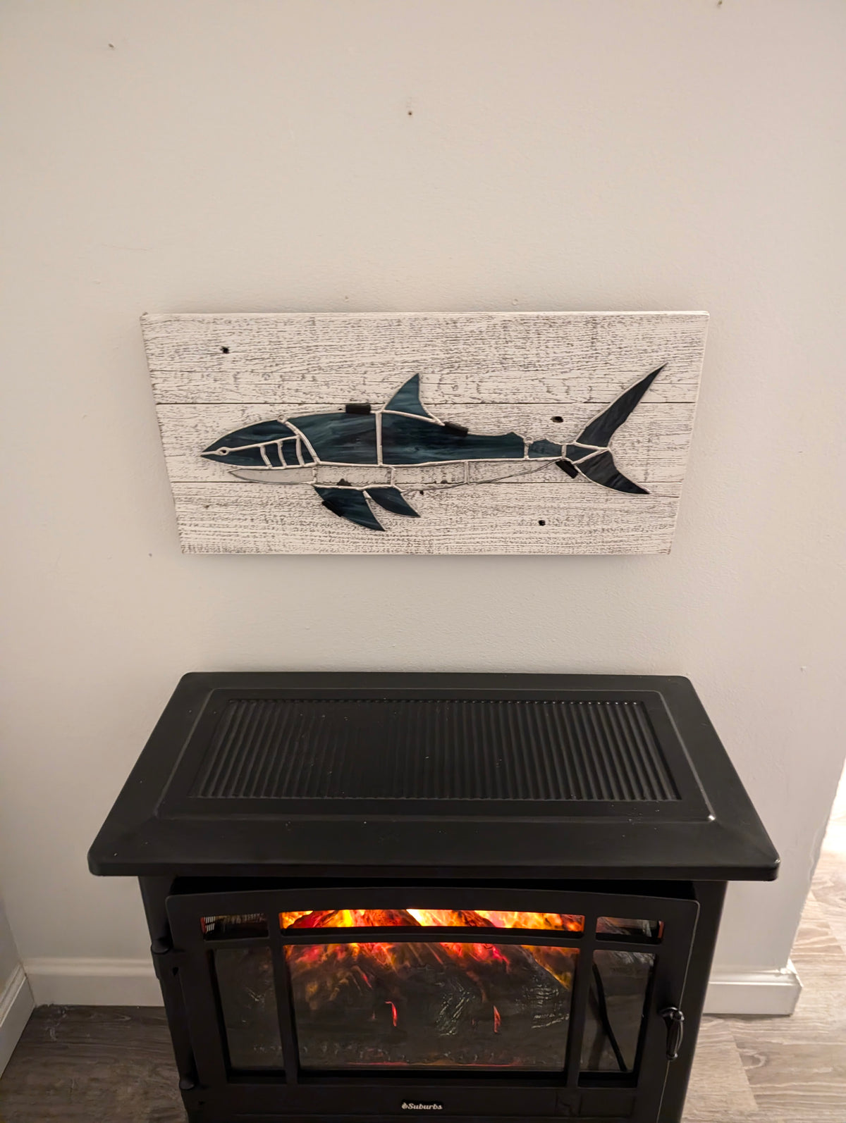 Stained Glass Great White Shark on Driftwood Mount (21W x 10H)