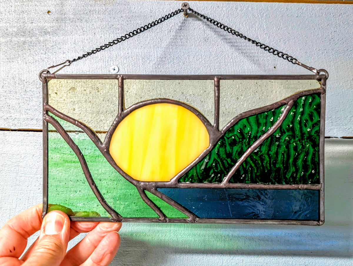 Stained Glass Boho Mountain Suncatcher Panel (8.5x4.5)