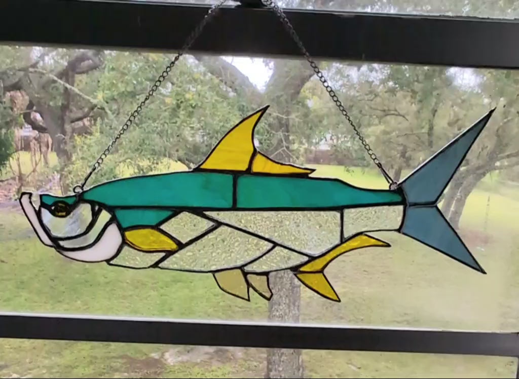 Stained Glass Tarpon Fish Suncatcher, Sportfishing Gift, Coastal Beach House Window Decor, Florida Fly Fishing Art Panel (16W x 7H)