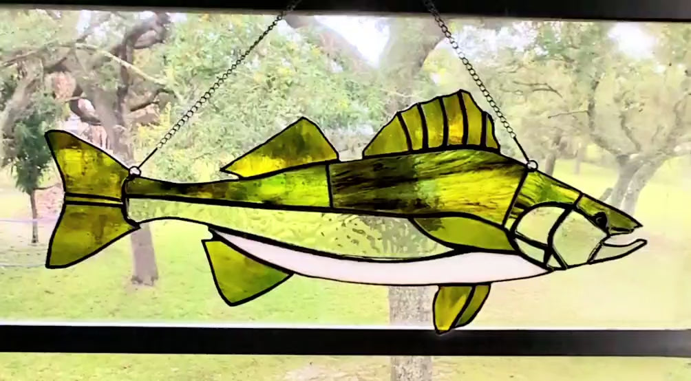 Stained Glass Walleye Fish Suncatcher, Freshwater Sportfishing Home Decor, Cabin Window Decor, Lake House Luxury Art Panel (18x8)