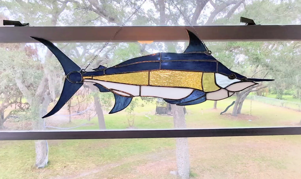 Large Stained Glass Marlin Suncatcher, Offshore Sportfishing Wall Art, Deep Sea Fisherman Gift for Men, Coastal House Decor (25x9)