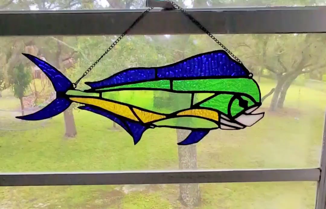 Stained Glass Mahi Mahi Fish Suncatcher, Coastal Window Art Hanging Panel, Saltwater Sportfish Wall Decor, Coastal Window Hanging, 17W x 8H