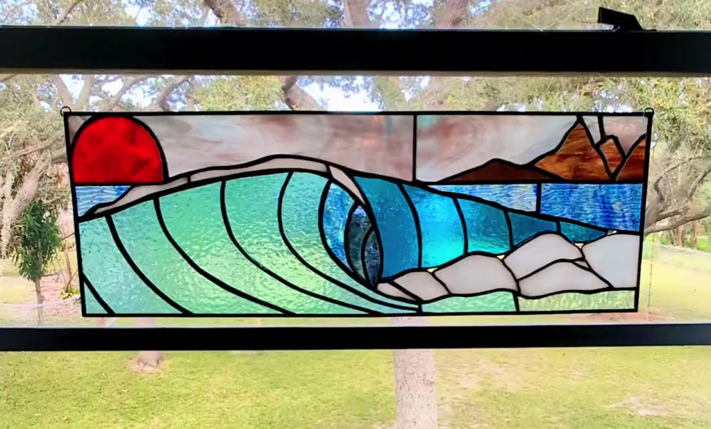 Handmade Stained Glass Ocean Wave Window Panel - Sunset Seascape Landscape Wall Art - 21x8 Luxury Coastal Beach House Decor