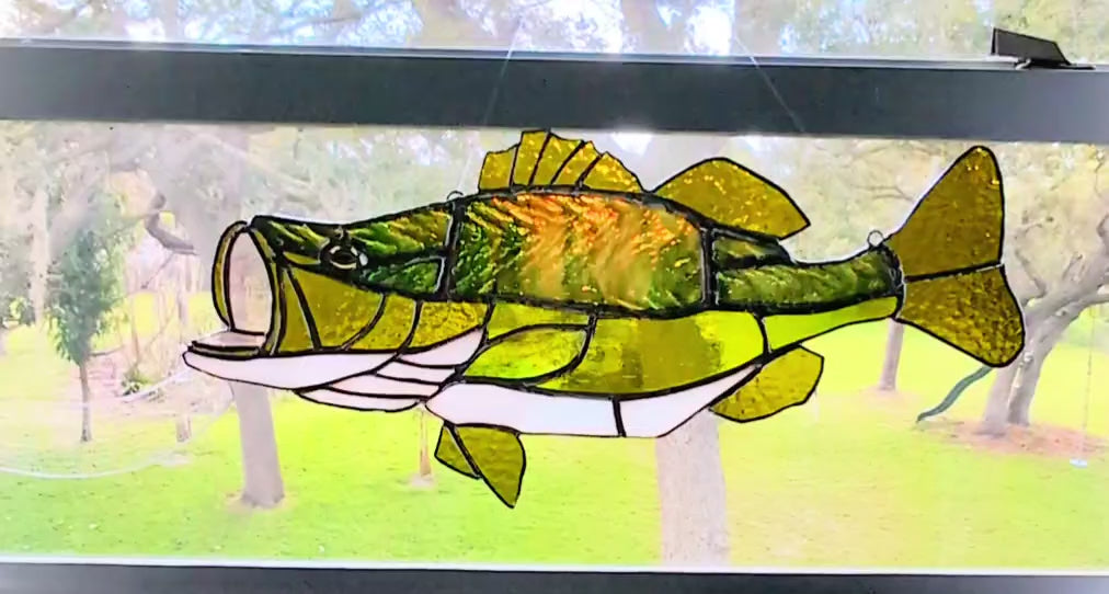 Stained Glass Largemouth Bass Suncatcher, Premium Herringbone Glass Fish Art, Luxury Cabin & Lake House Decor, 18x9