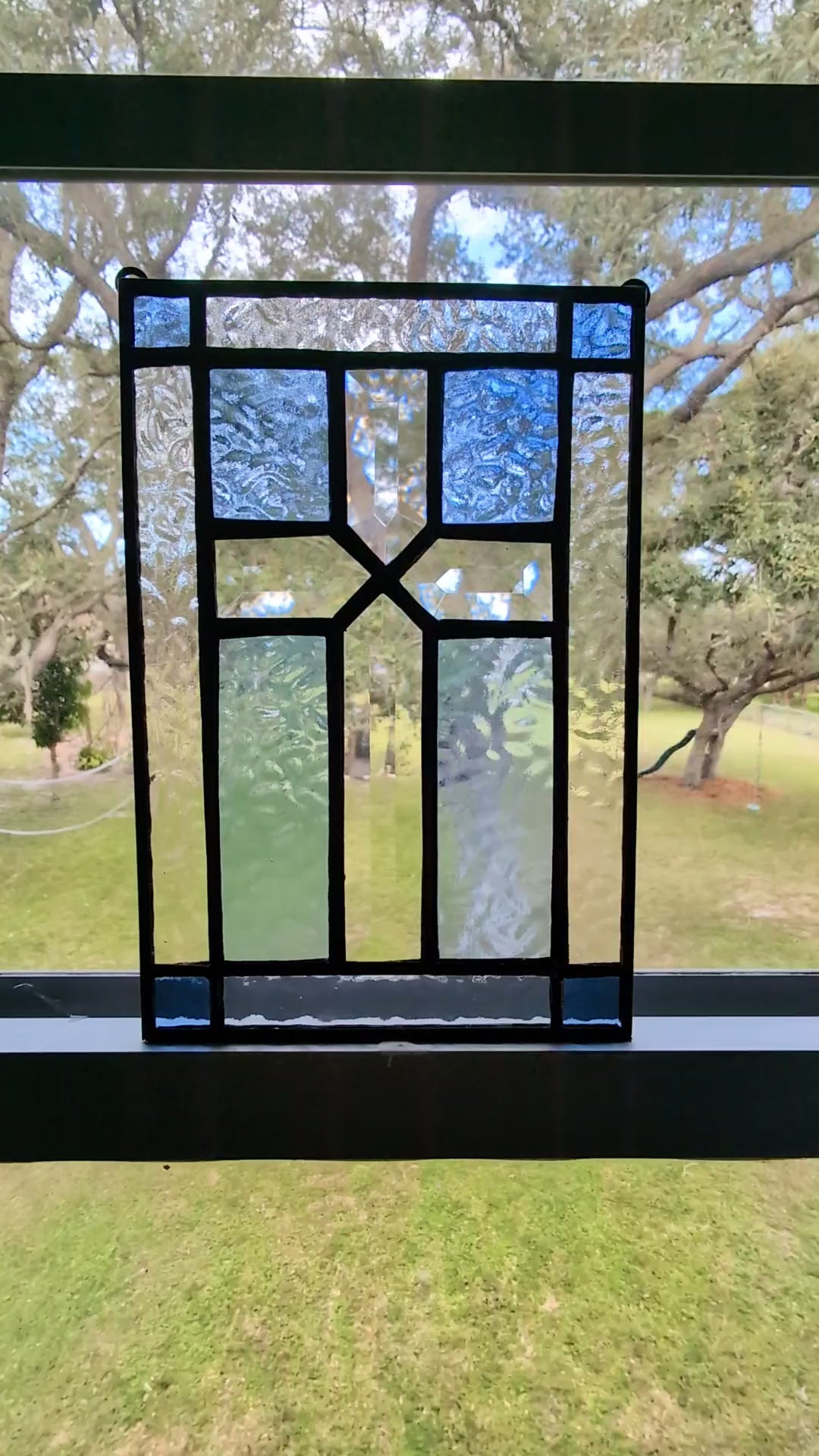 Stained Glass Beveled Cross Panel, Handmade Christian Window Hanging,  Blue & Clear Glass Suncatcher, Came Border Faith Decor or Gift, 6x9