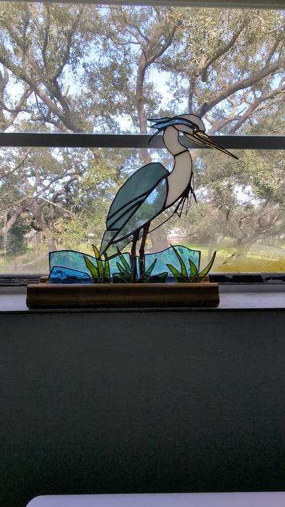 Stained Glass Blue Heron with Marsh and Water, Freestanding 5 piece set