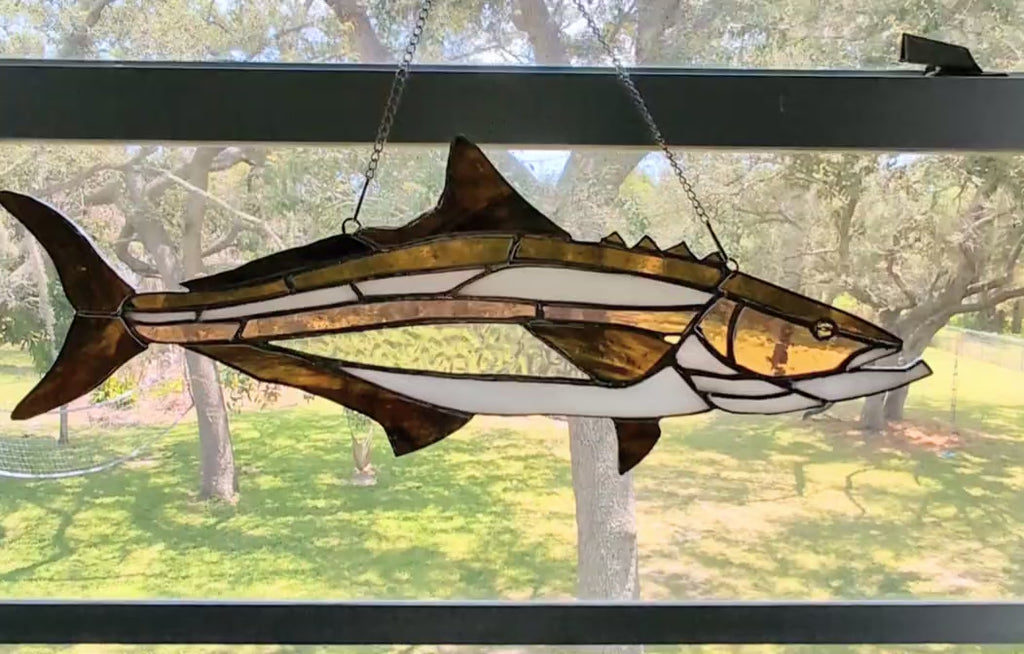 Cobia Stained Glass Suncatcher, Handmade Saltwater Fish Art, Coastal Window Hanging, Fishing Gift, Beach House Decor, 19 x 9