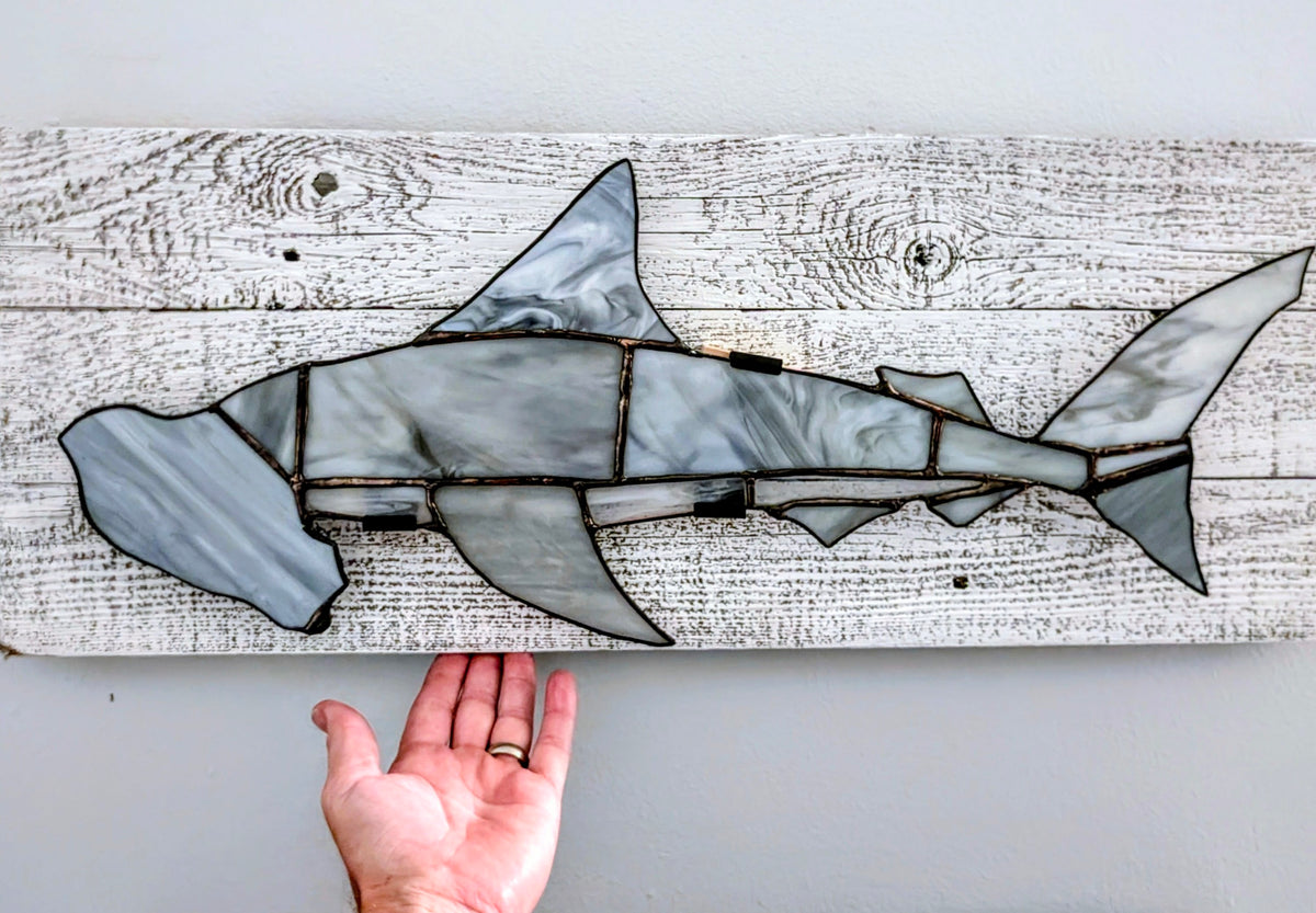 Stained Glass Hammerhead Shark on Driftwood Mount (26Wx10H)