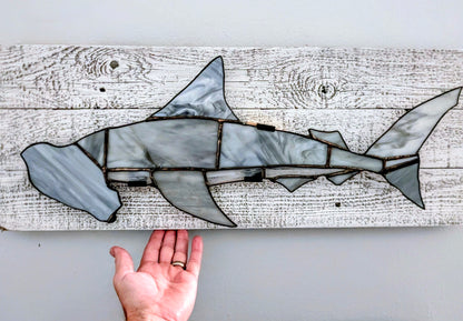 Stained Glass Hammerhead Shark on Driftwood Mount (26Wx10H)