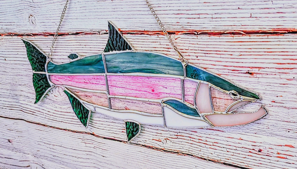 Stained Glass Lake Trout Suncatcher, Freshwater Fishing Gift for Men, Great Lakes Cabin Window Decor, Lake House Luxury Art Panel (20x8)