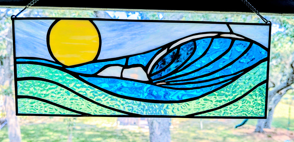 Handmade Stained Glass Ocean Wave Window Panel - Sunset Seascape Landscape Wall Art - 16x7 Luxury Coastal Beach House Decor