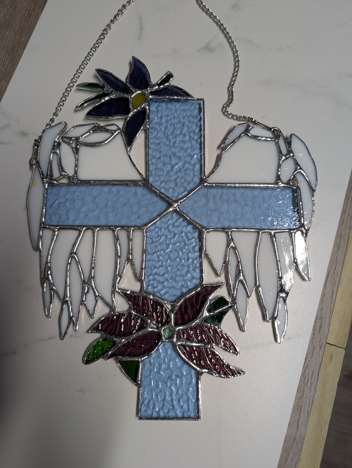 Stained Glass Cross with Angel Wings & Flowers (9W x 11H)