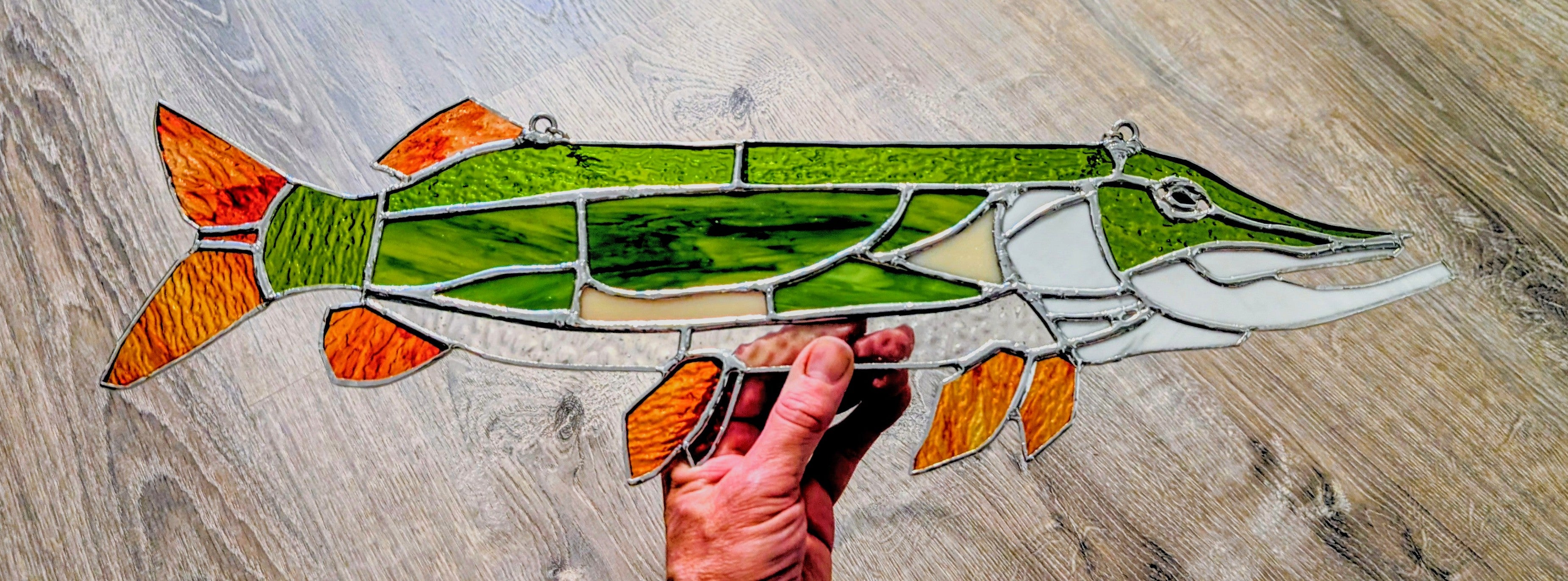 Stained Glass Northern Pike Suncatcher, Freshwater Fishing Wall Decor, Lake House Window Hanging, Fisherman Gift for Men (21x7)