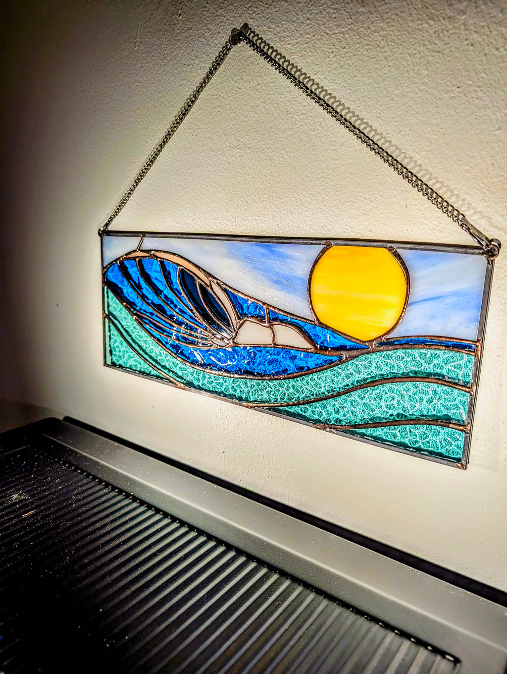 Handmade Stained Glass Ocean Wave Window Panel - Sunset Seascape Landscape Wall Art - 16x7 Luxury Coastal Beach House Decor