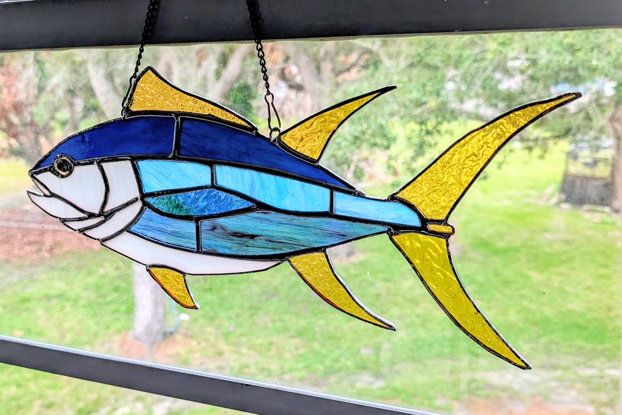 Yellowfin Tuna Stained Glass Suncatcher, Handmade Fishing Wall Art, Ahi Tuna Decor, Fisherman Gift, Coastal Beach House Decor, 17 x 7