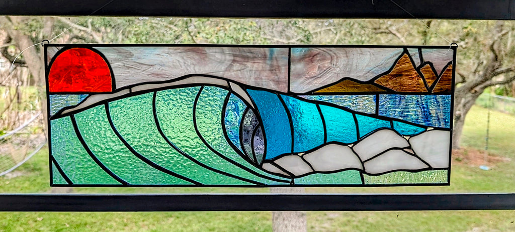 Handmade Stained Glass Ocean Wave Window Panel - Sunset Seascape Landscape Wall Art - 21x8 Luxury Coastal Beach House Decor