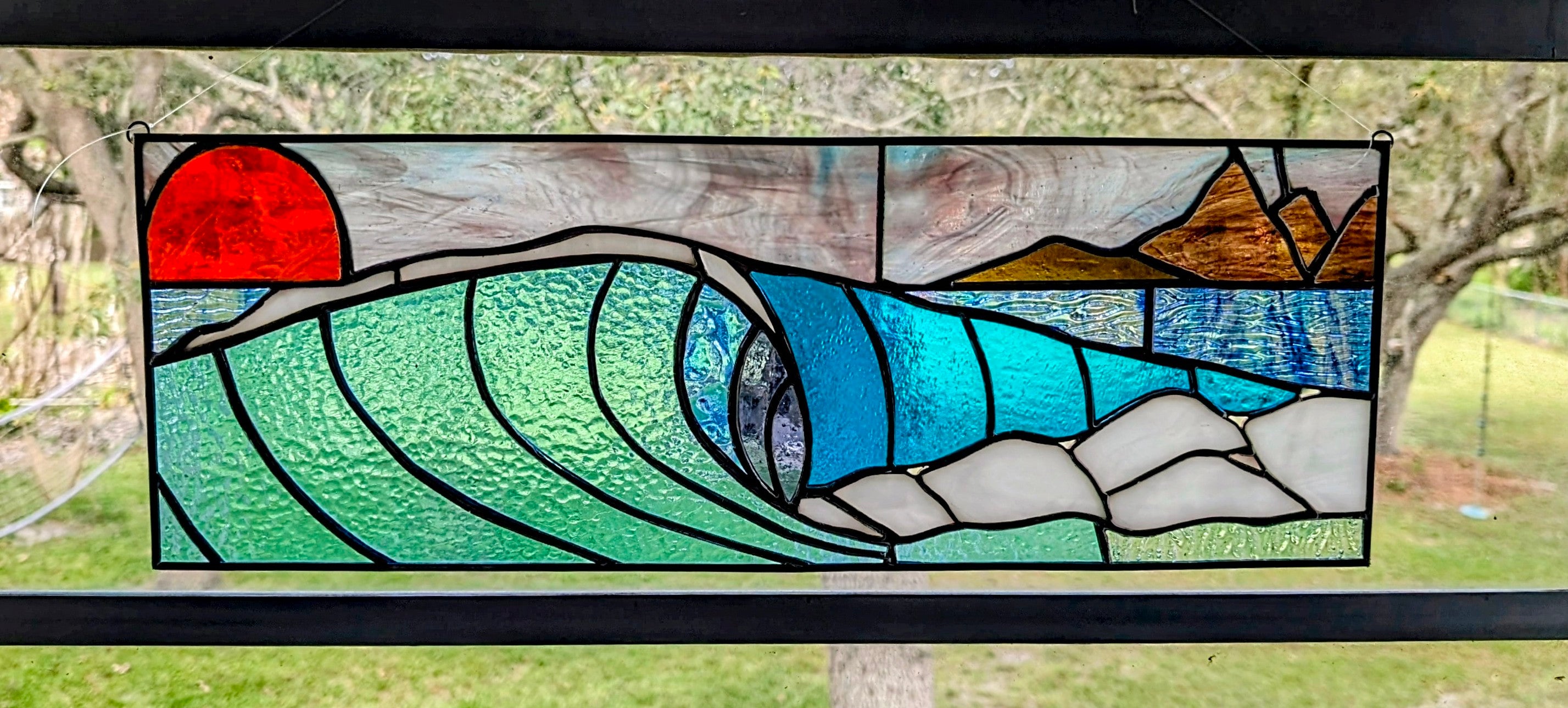 Handmade Stained Glass Ocean Wave Window Panel - Sunset Seascape Landscape Wall Art - 21x8 Luxury Coastal Beach House Decor