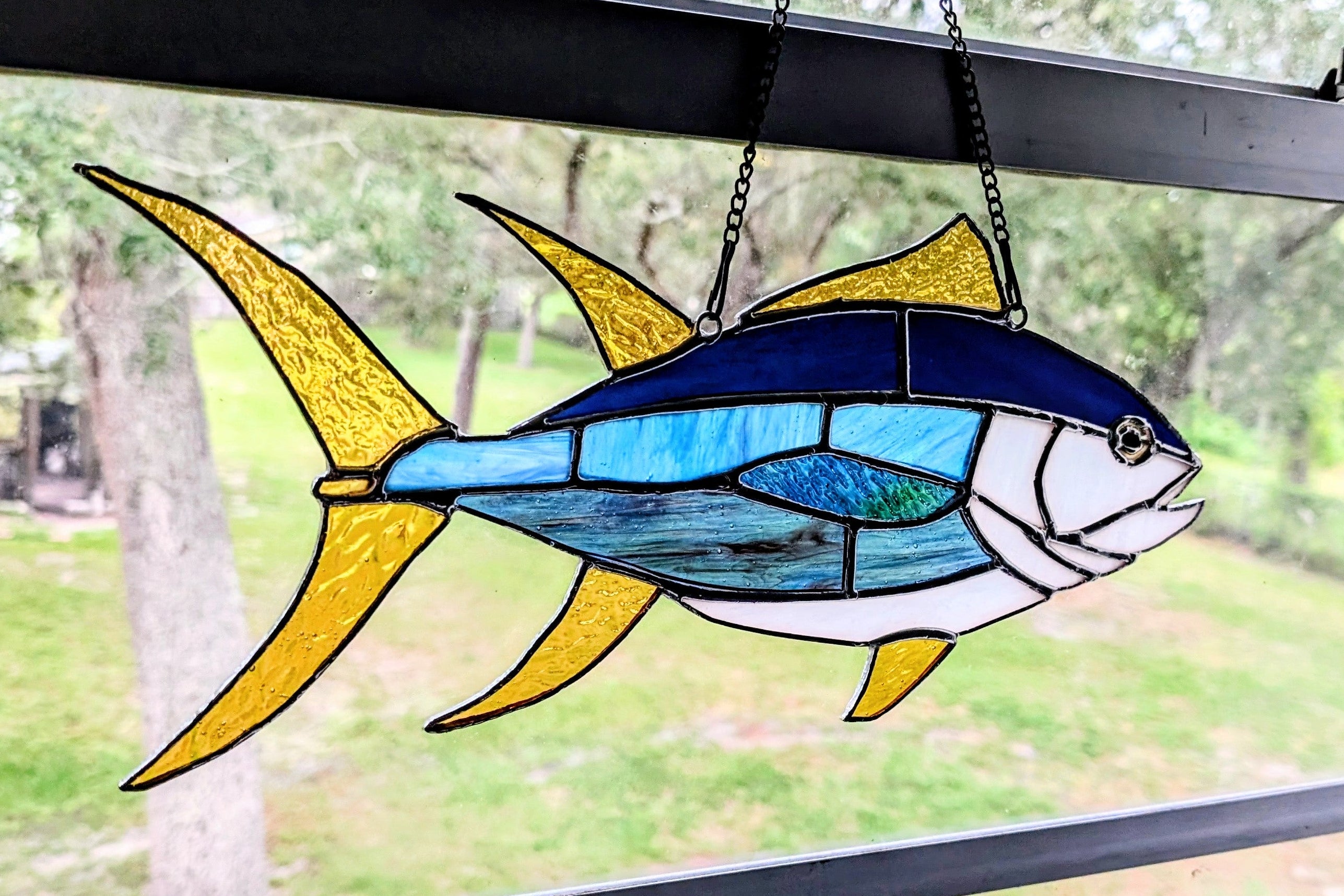 Yellowfin Tuna Stained Glass Suncatcher, Handmade Fishing Wall Art, Ahi Tuna Decor, Fisherman Gift, Coastal Beach House Decor, 17 x 7