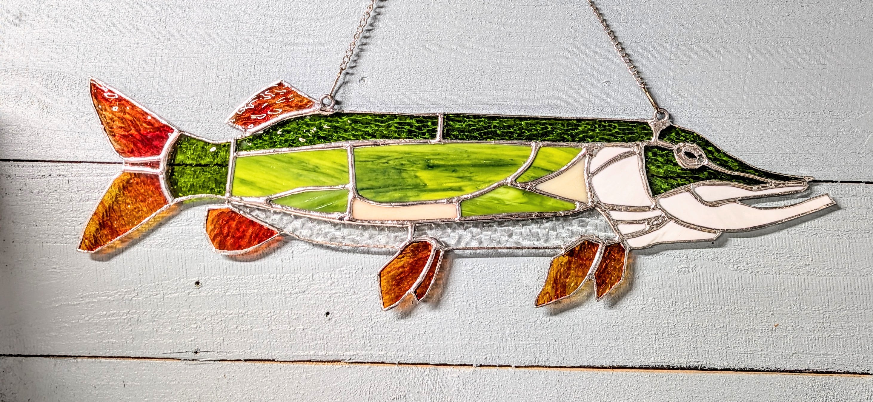 Stained Glass Northern Pike Suncatcher, Freshwater Fishing Wall Decor, Lake House Window Hanging, Fisherman Gift for Men (21x7)