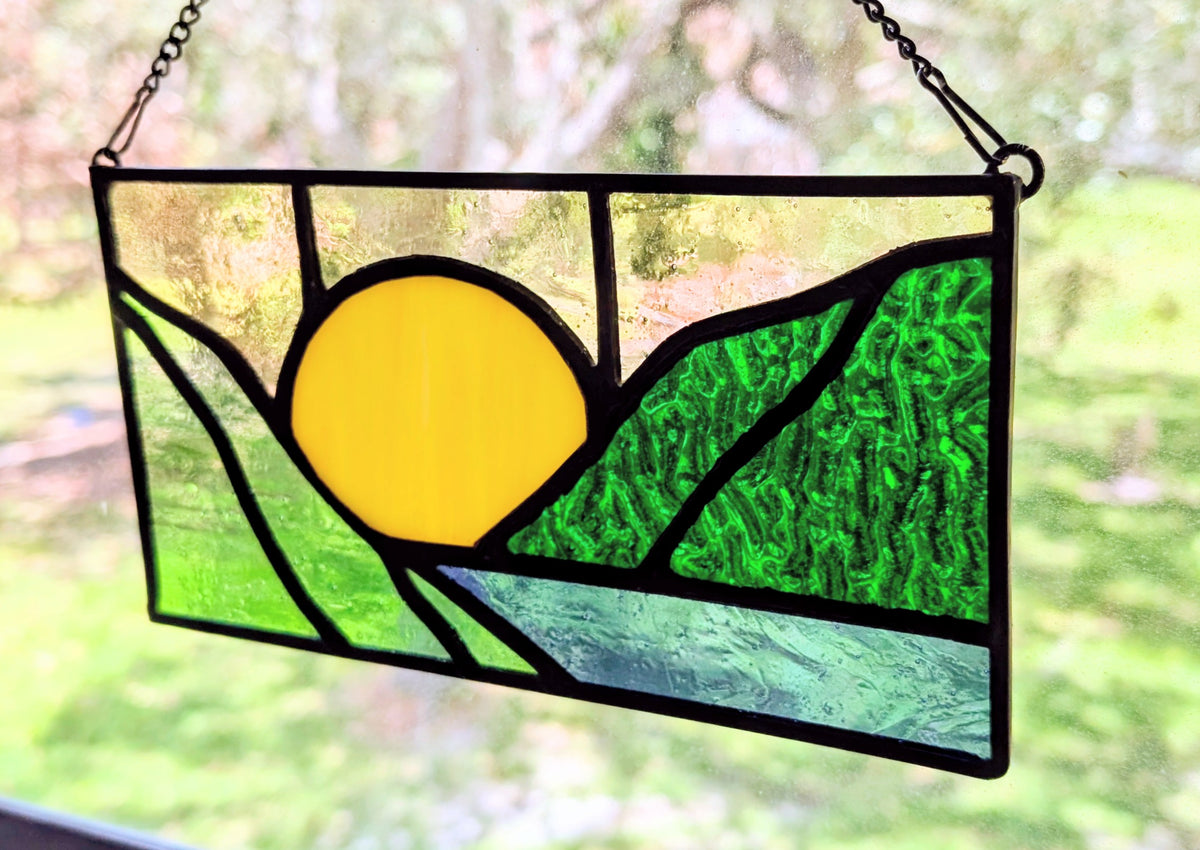 Stained Glass Boho Mountain Suncatcher Panel (8.5x4.5)