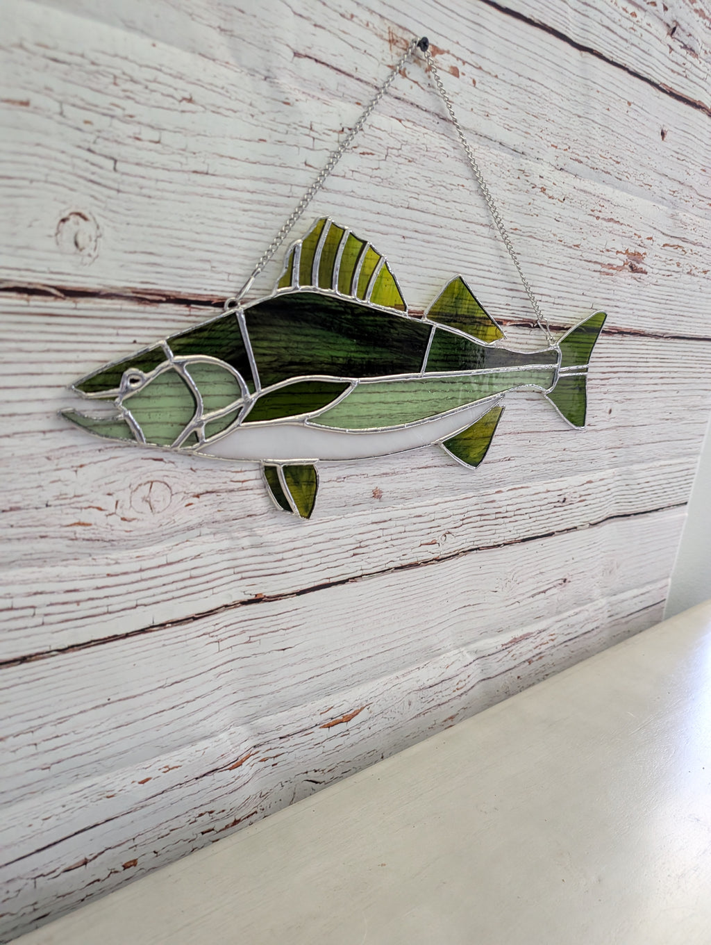 Stained Glass Walleye Fish Suncatcher, Freshwater Sportfishing Home Decor, Cabin Window Decor, Lake House Luxury Art Panel (18x8)