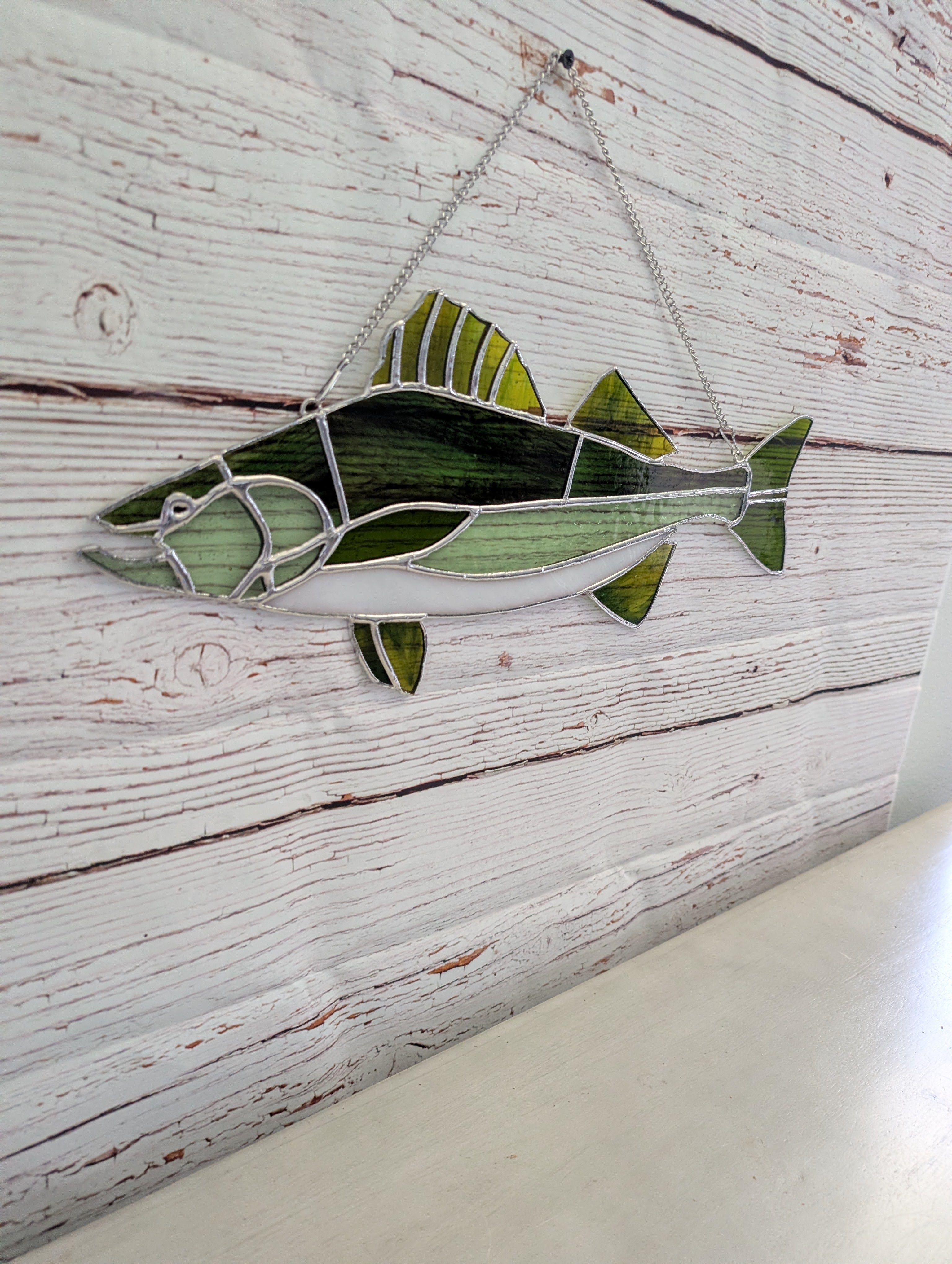 Stained Glass Walleye Fish Suncatcher, Freshwater Sportfishing Home Decor, Cabin Window Decor, Lake House Luxury Art Panel (18x8)