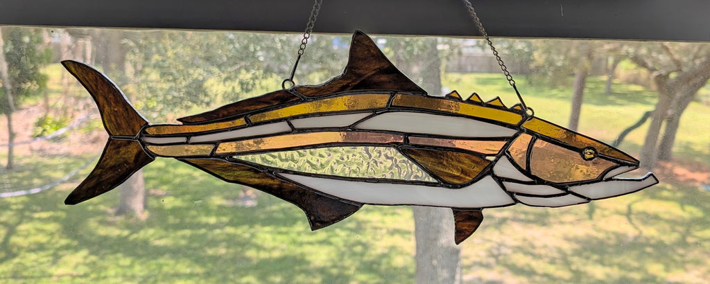 Cobia Stained Glass Suncatcher, Handmade Saltwater Fish Art, Coastal Window Hanging, Fishing Gift, Beach House Decor, 19 x 9