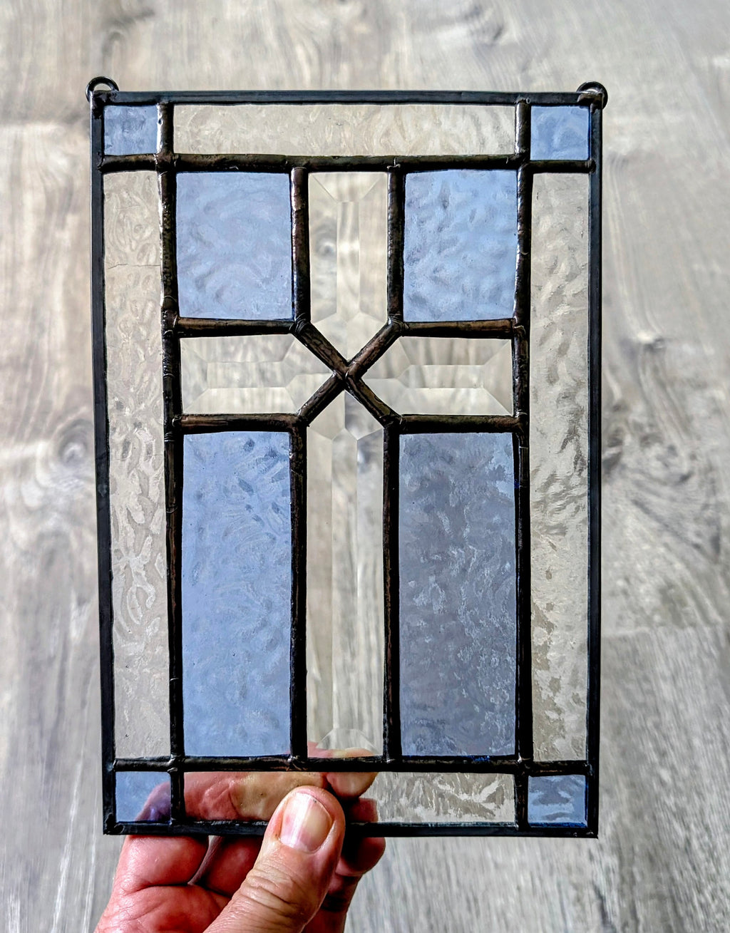 Stained Glass Beveled Cross Panel, Handmade Christian Window Hanging,  Blue & Clear Glass Suncatcher, Came Border Faith Decor or Gift, 6x9