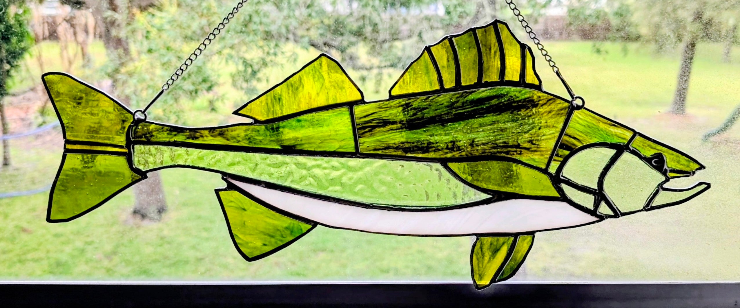Stained Glass Walleye Fish Suncatcher, Freshwater Sportfishing Home Decor, Cabin Window Decor, Lake House Luxury Art Panel (18x8)