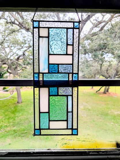 Modern Geometric Stained Glass Panel (16W x 6H) - Horizontal or Vertical