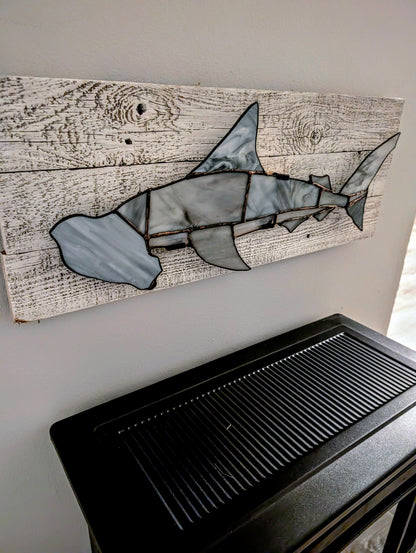 Stained Glass Hammerhead Shark on Driftwood Mount (26Wx10H)