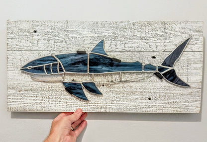 Stained Glass Great White Shark on Driftwood Mount (21W x 10H)