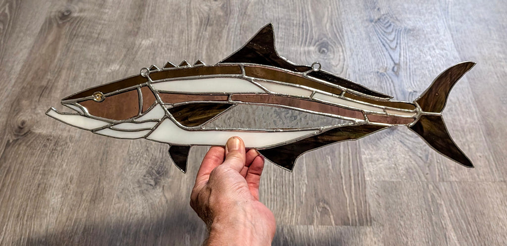 Cobia Stained Glass Suncatcher, Handmade Saltwater Fish Art, Coastal Window Hanging, Fishing Gift, Beach House Decor, 19 x 9