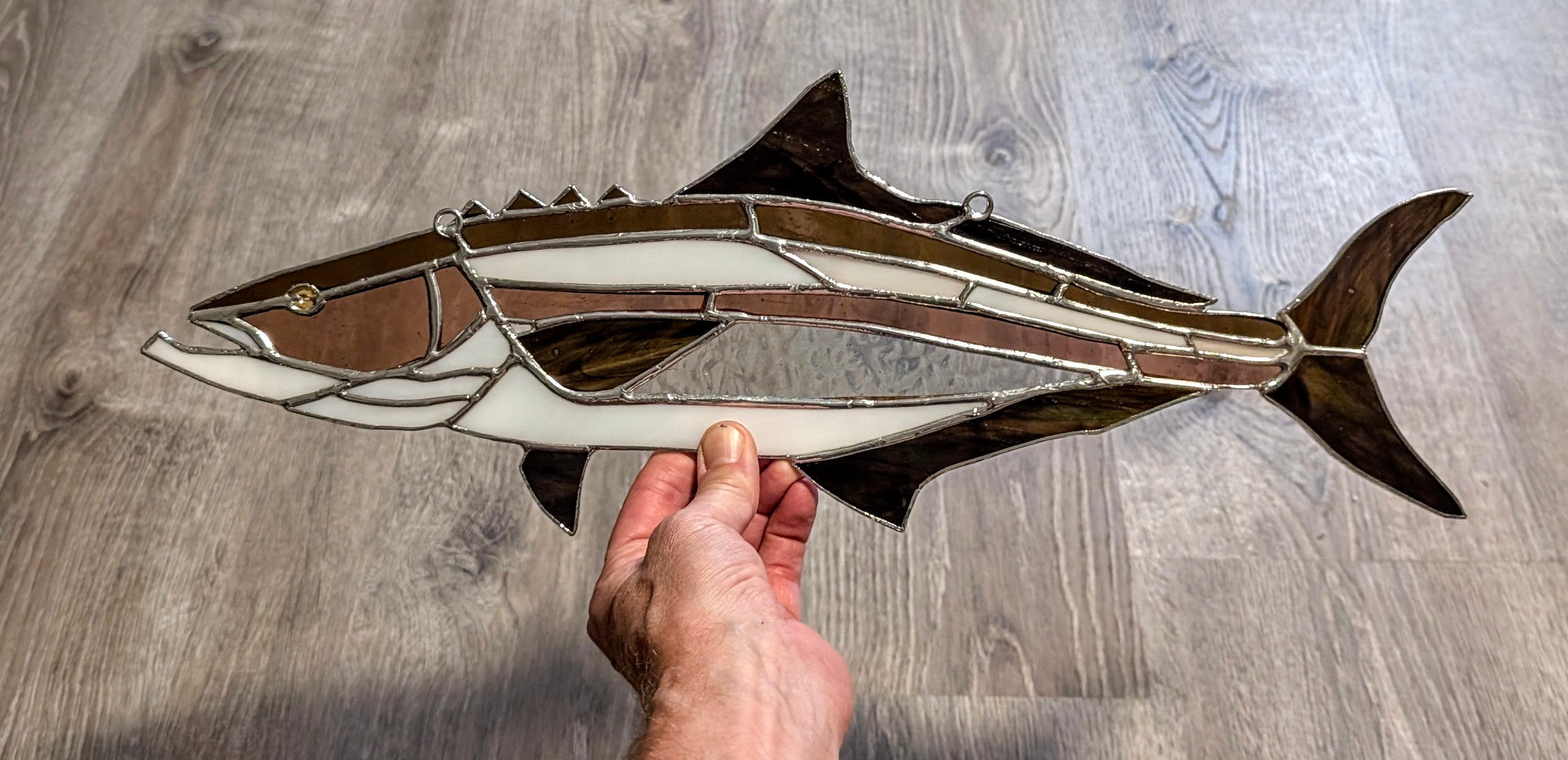 Cobia Stained Glass Suncatcher, Handmade Saltwater Fish Art, Coastal Window Hanging, Fishing Gift, Beach House Decor, 19 x 9
