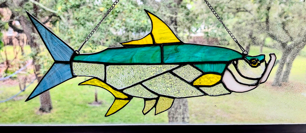 Stained Glass Tarpon Fish Suncatcher, Sportfishing Gift, Coastal Beach House Window Decor, Florida Fly Fishing Art Panel (16W x 7H)