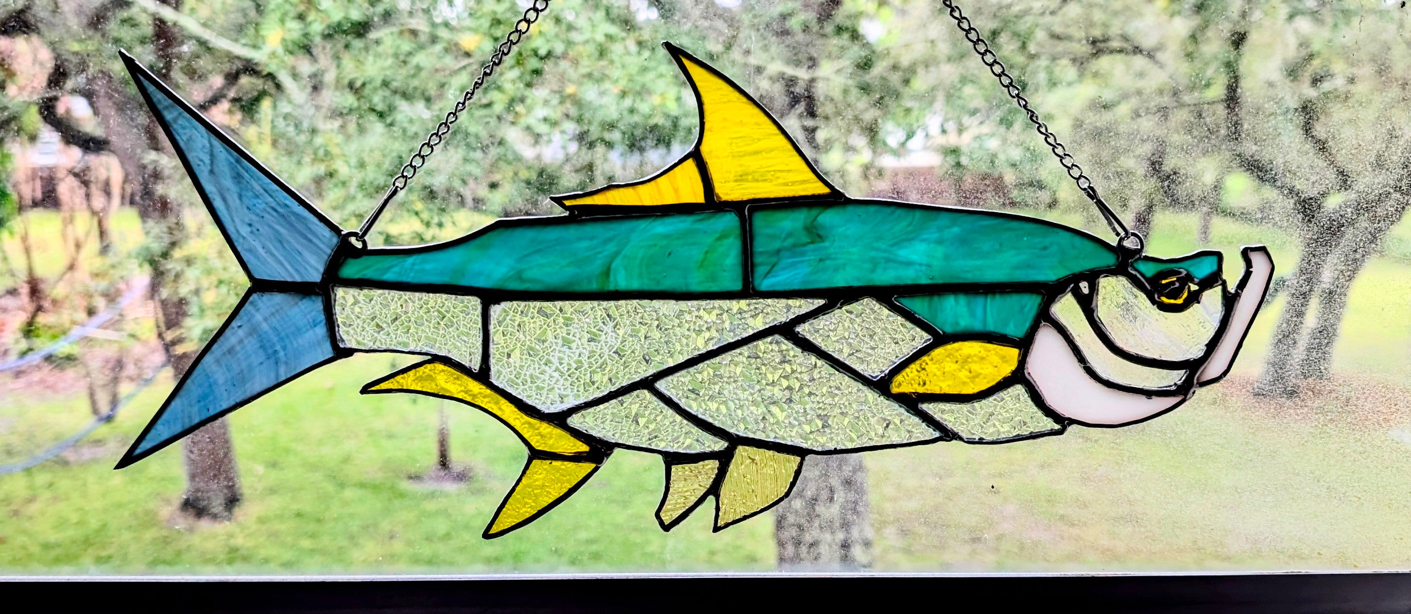 Stained Glass Tarpon Fish Suncatcher, Sportfishing Gift, Coastal Beach House Window Decor, Florida Fly Fishing Art Panel (16W x 7H)