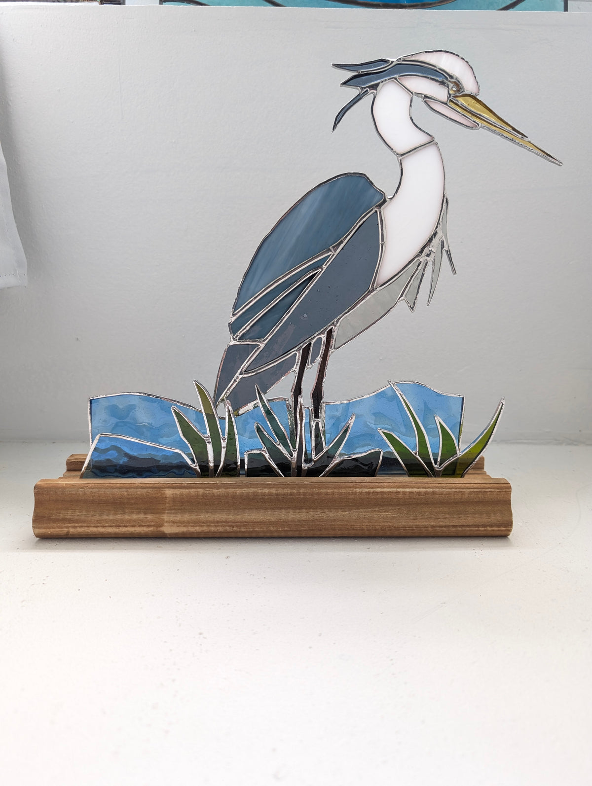 Stained Glass Blue Heron with Marsh and Water, Freestanding 5 piece set