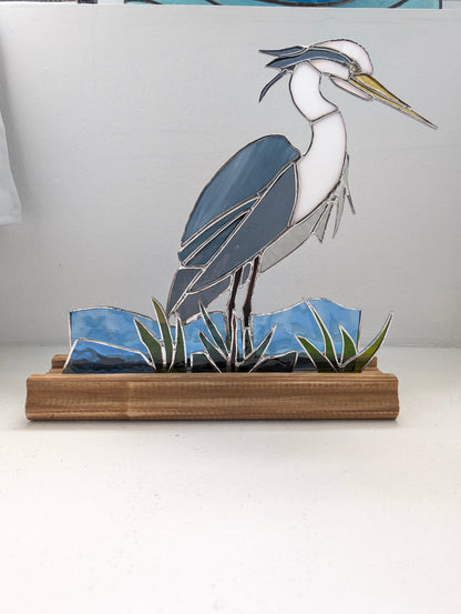Stained Glass Blue Heron with Marsh and Water, Freestanding 5 piece set