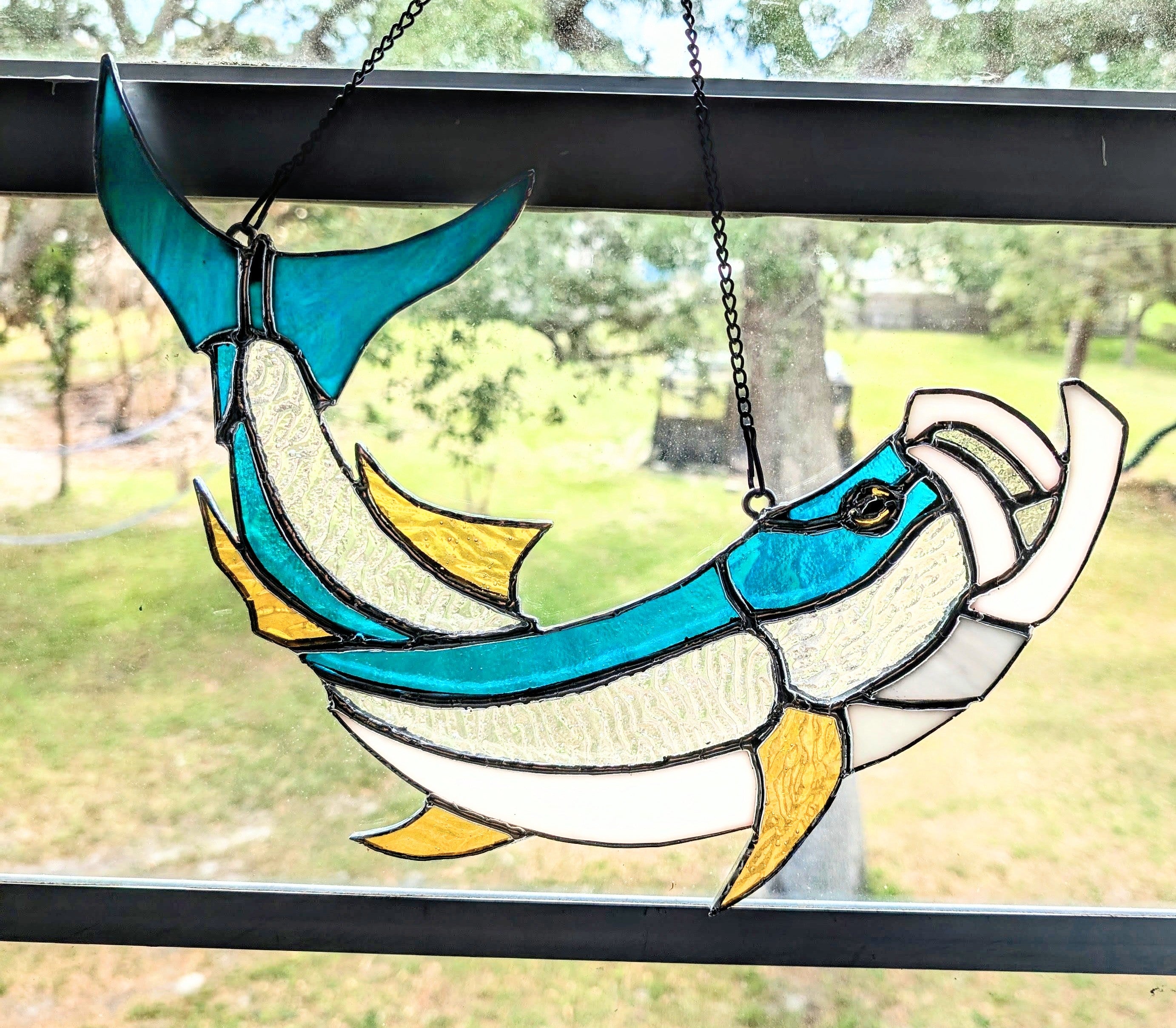 Stained Glass Tarpon Fish Suncatcher, Sportfishing Gift for Men, Coastal Beach House Window Decor, Florida Fly Fishing Art Panel (12W x 13H)