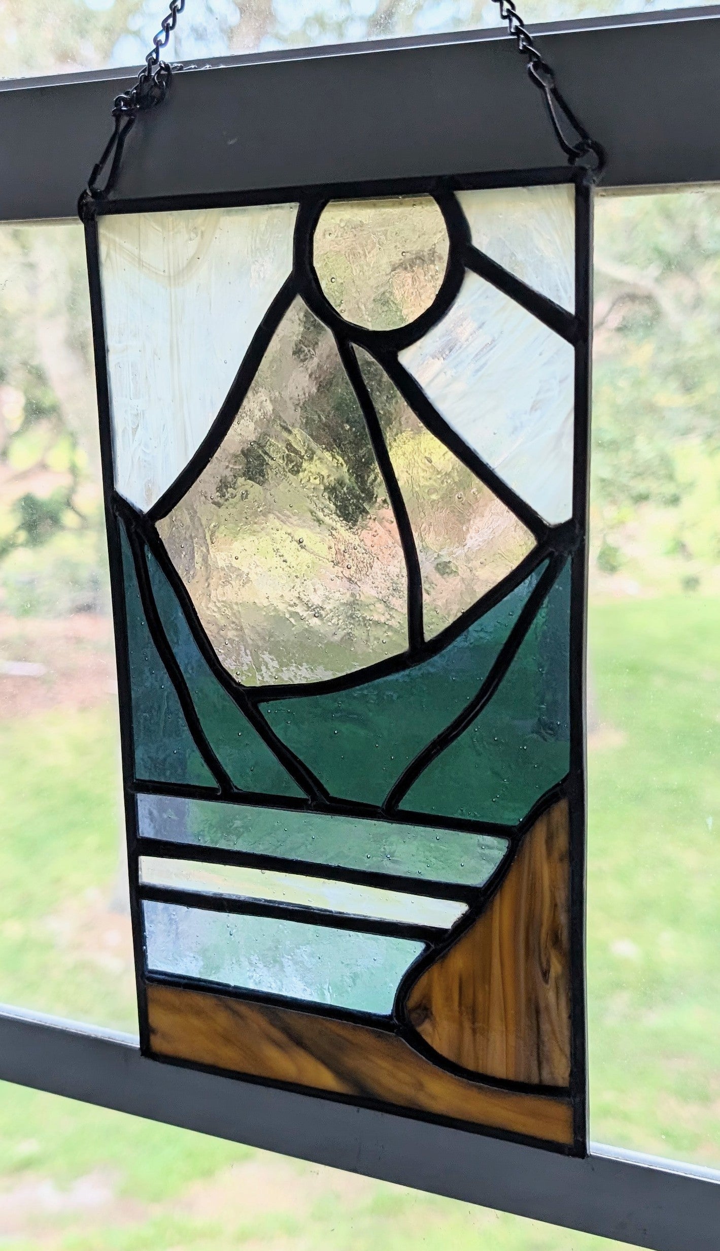Stained Glass Mountain Suncatcher Panel, Sunset Landscape Window Hanging Art, Boho Cabin Decor, Lake House Panel Art, 5.5x8.5.