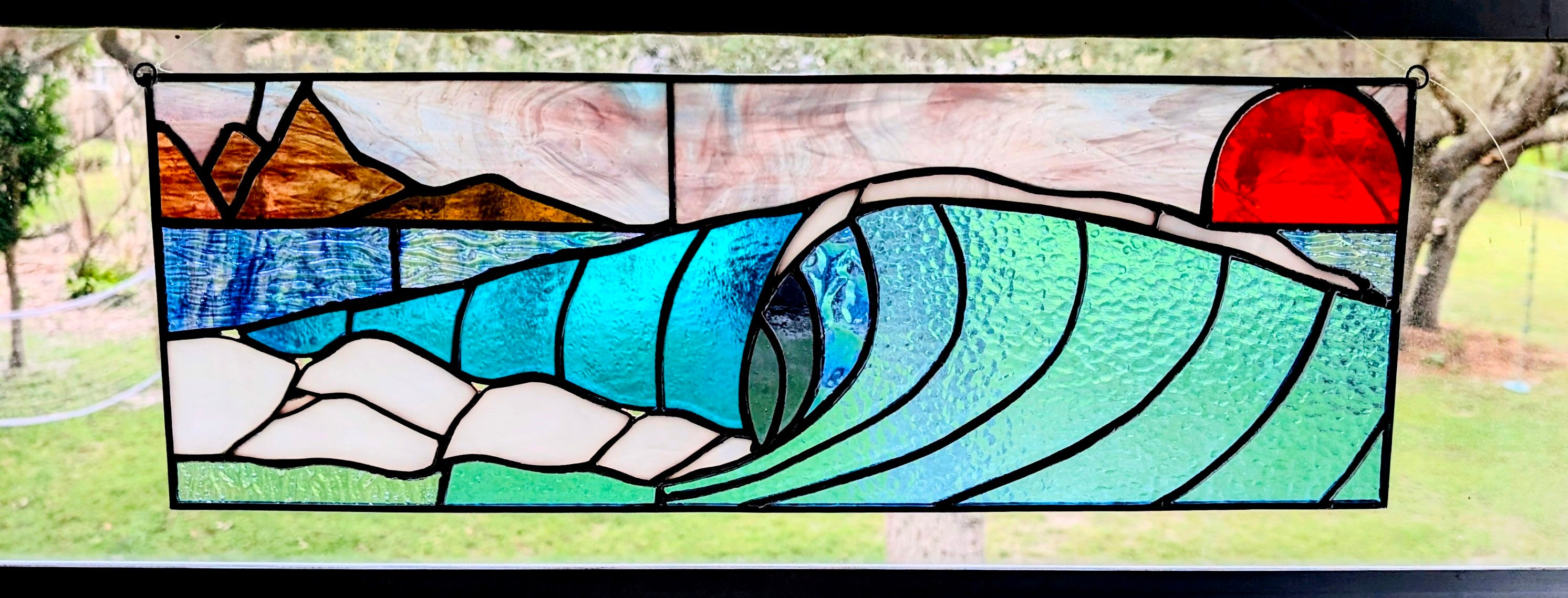 Handmade Stained Glass Ocean Wave Window Panel - Sunset Seascape Landscape Wall Art - 21x8 Luxury Coastal Beach House Decor