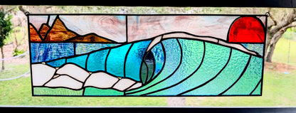 Large Stained Glass Barreling Wave with Sunset Panel (21W x 8H)
