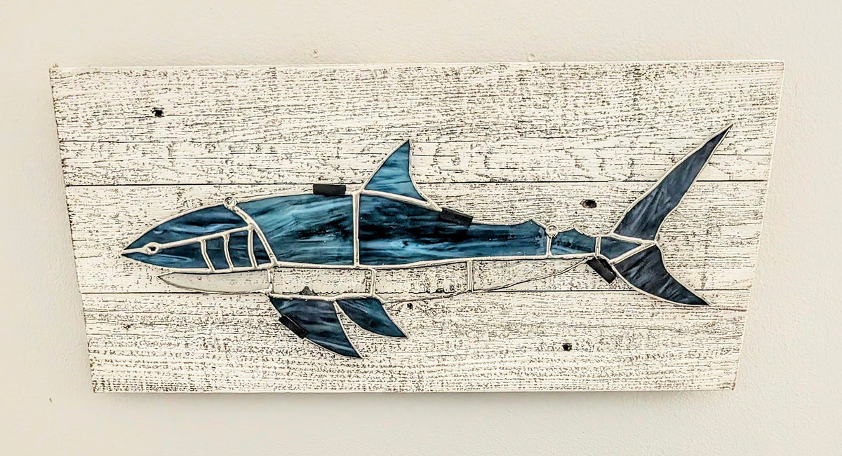 Stained Glass Great White Shark on Driftwood Mount (21W x 10H)