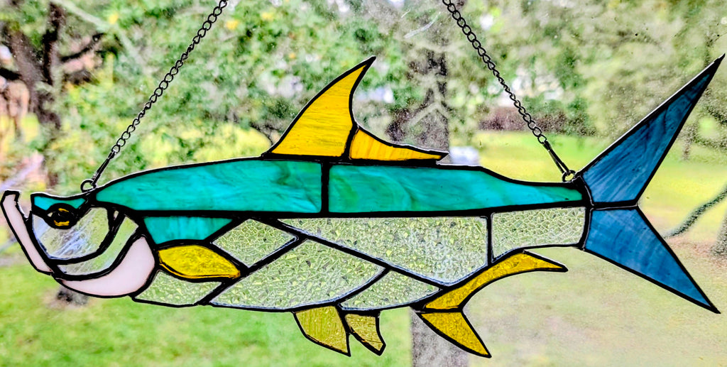 Stained Glass Tarpon Fish Suncatcher, Sportfishing Gift, Coastal Beach House Window Decor, Florida Fly Fishing Art Panel (16W x 7H)