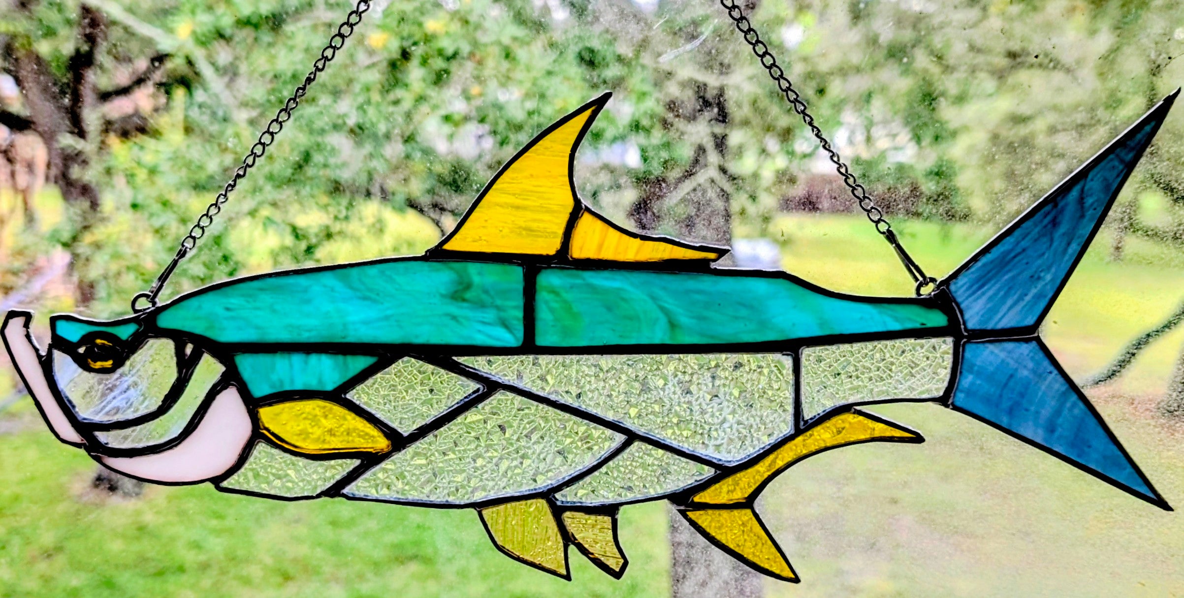 Stained Glass Tarpon Fish Suncatcher, Sportfishing Gift, Coastal Beach House Window Decor, Florida Fly Fishing Art Panel (16W x 7H)