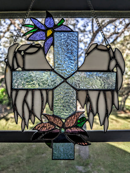 Stained Glass Cross with Angel Wings & Flowers (9W x 11H)