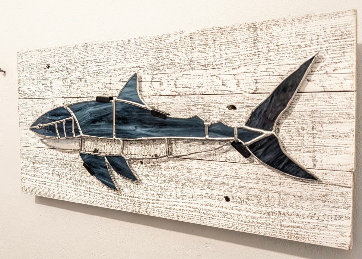 Stained Glass Great White Shark on Driftwood Mount (21W x 10H)