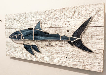 Stained Glass Great White Shark on Driftwood Mount (21W x 10H)