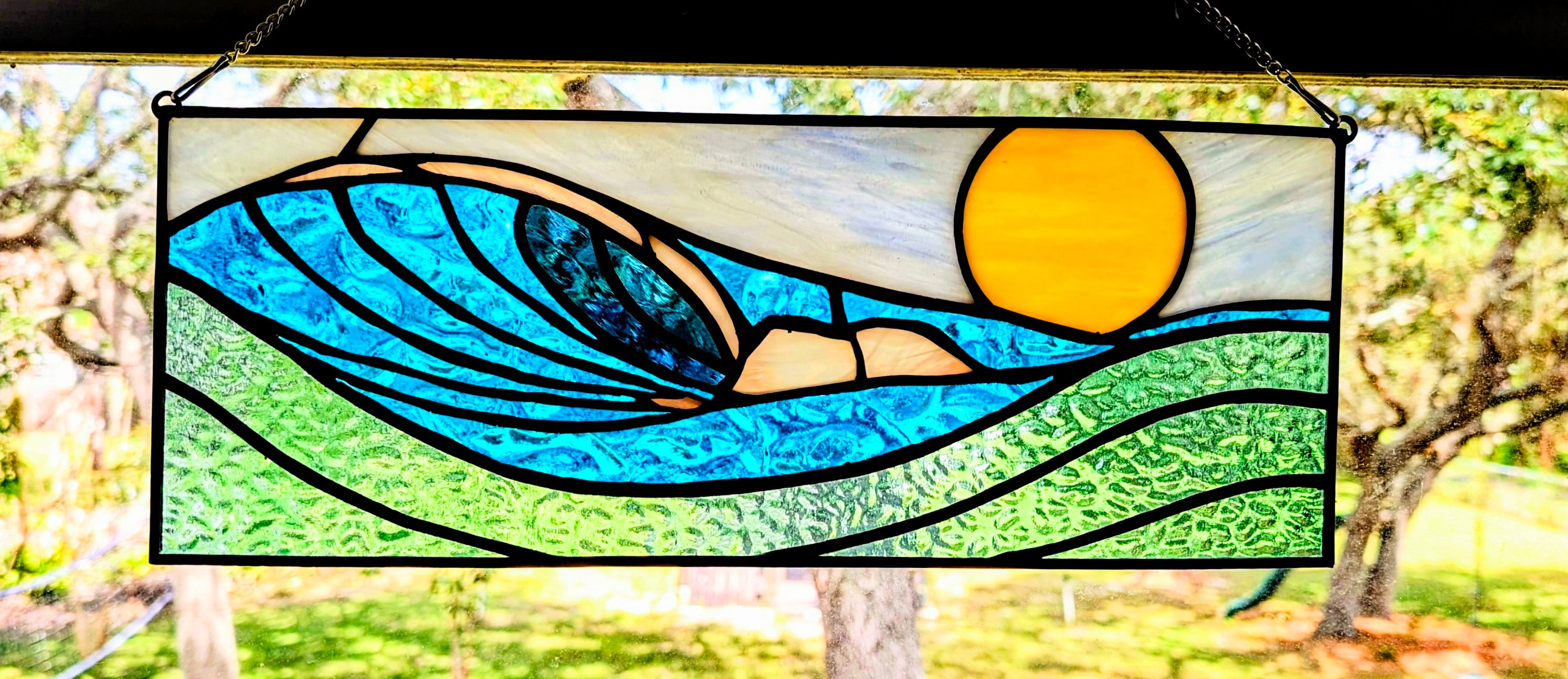 Handmade Stained Glass Ocean Wave Window Panel - Sunset Seascape Landscape Wall Art - 16x7 Luxury Coastal Beach House Decor