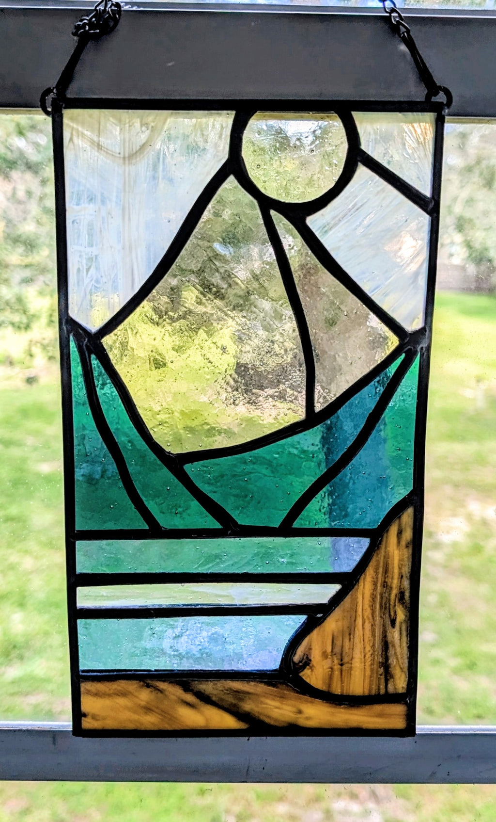 Stained Glass Mountain Suncatcher Panel, Sunset Landscape Window Hanging Art, Boho Cabin Decor, Lake House Panel Art, 5.5x8.5.